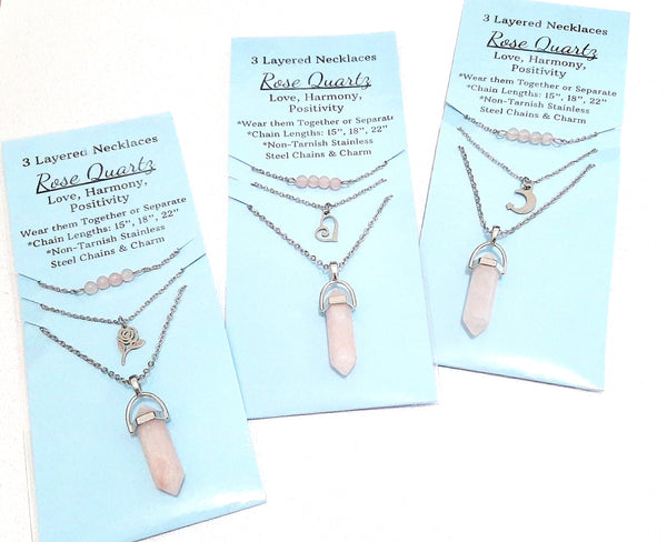 Gemstone & Charm Layered Necklace Set - Rose Quartz