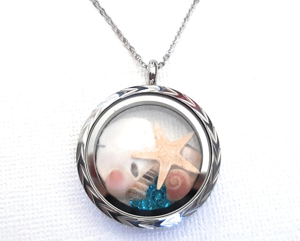 Seashell Locket with 18 + 2" Chain or 30" Chain - Round Stainless Steel Solid Bezel