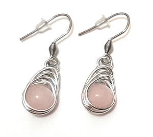 Wire Wrapped Rose Quartz Elegant Herringbone Weave Drop Dangle Bead Earrings