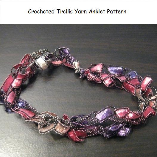 Crocheted Trellis Ribbon Yarn Anklet Pattern - Instant Digital Download
