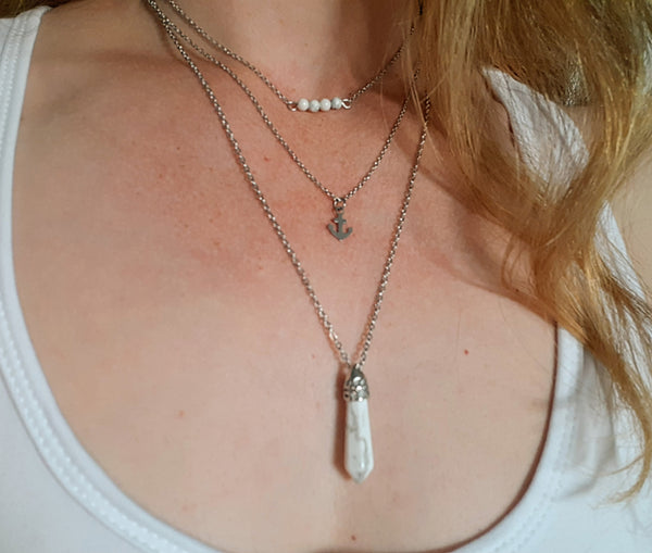 Gemstone Crystal & Charm Layered Necklace Set - White Howlite