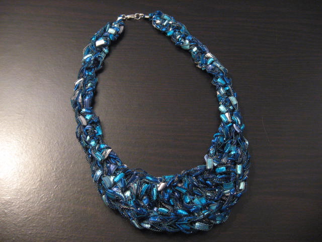 Crocheted Trellis Yarn Adjustable Bib Necklace - Splash, Silver Metallic, Aquamarine