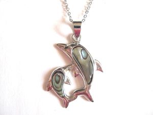 Abalone Shell Pendant Necklace on Stainless Steel Chain - Dolphins