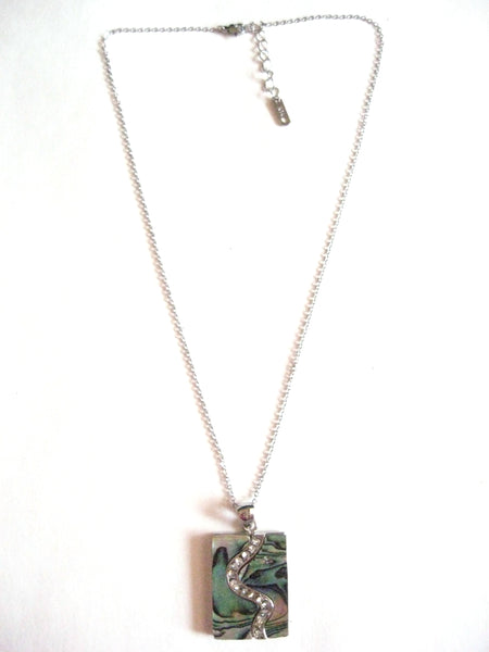 Abalone Shell Pendant Necklace on Stainless Steel Chain - Rectangle with Crystals