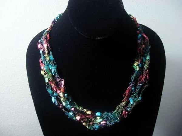 Crocheted Trellis Yarn Necklace Multi-Strand - Stained Glass