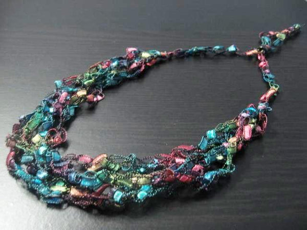 Crocheted Trellis Yarn Necklace Multi-Strand - Stained Glass