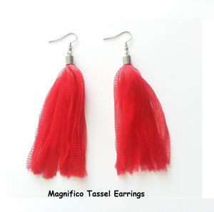 Crocheted Magnifico Yarn Tassel Earrings - Red