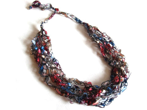 Crocheted Trellis Yarn Necklace Multi-Strand - Denim